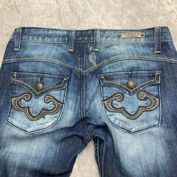 Express ReRock Jean Women 6 Blue Distressed Stitch Pocket Cotton Flap Stretch - Picture 14 of 16